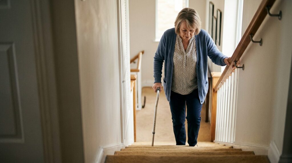 Person using a cane and handrail while navigating stairs during hip replacement recovery.