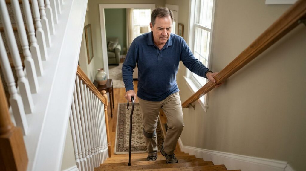 Person using a cane and handrail while navigating stairs during slip-and-fall injury recovery.
