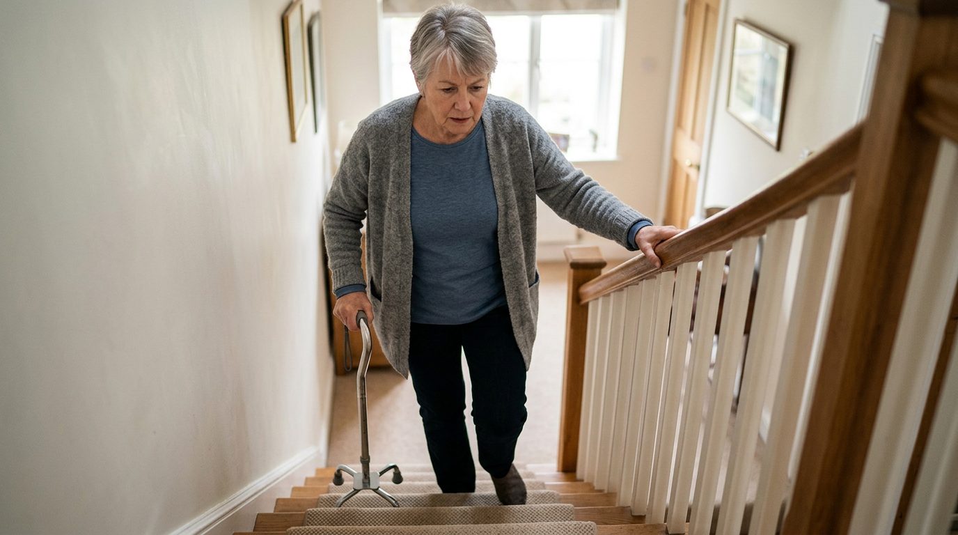 Person using a cane and handrail while navigating stairs during slip-and-fall injury recovery.