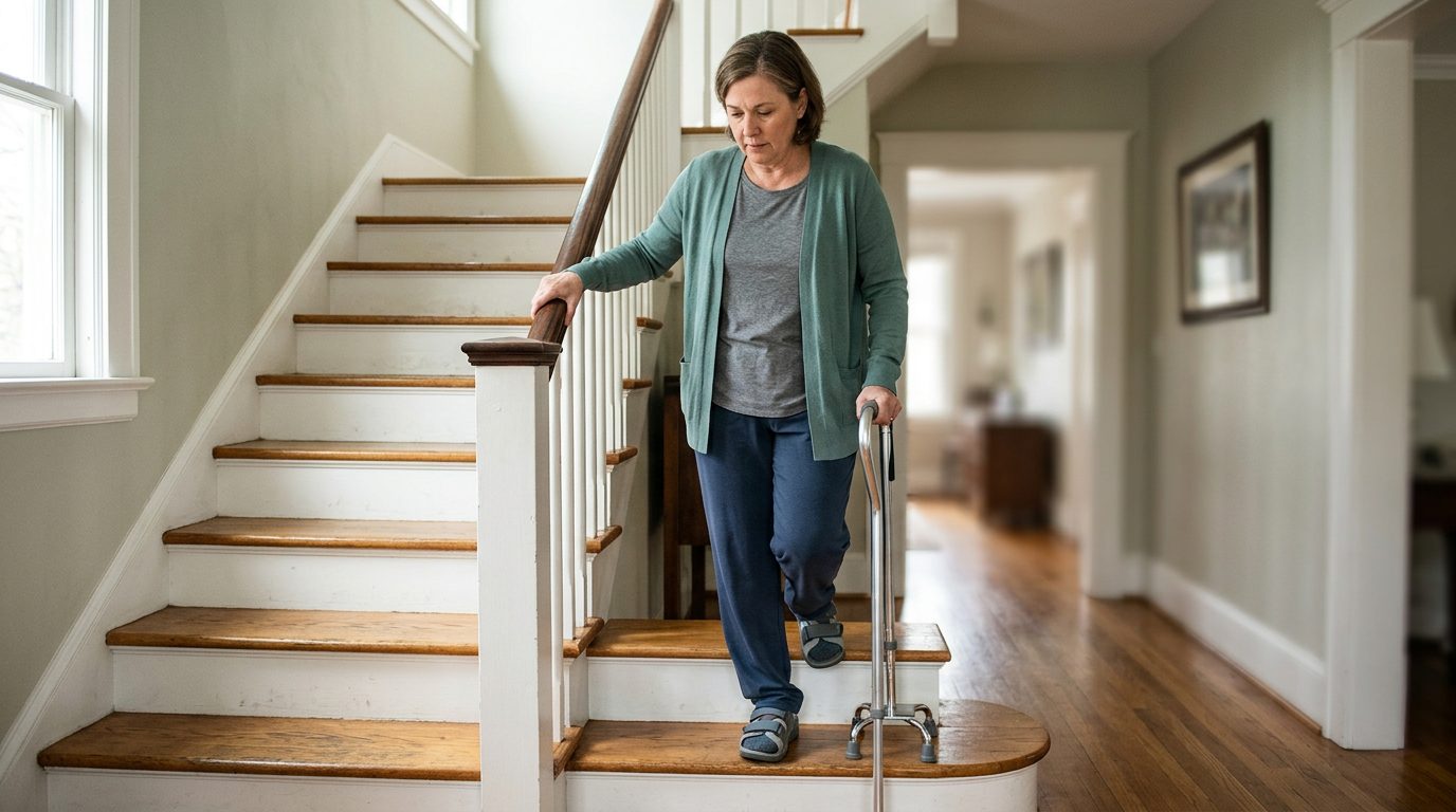 Person using a cane and handrail while navigating stairs during slip-and-fall injury recovery.