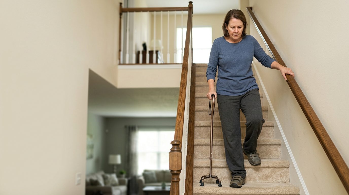 Person using a cane and handrail while navigating stairs during slip-and-fall injury recovery.