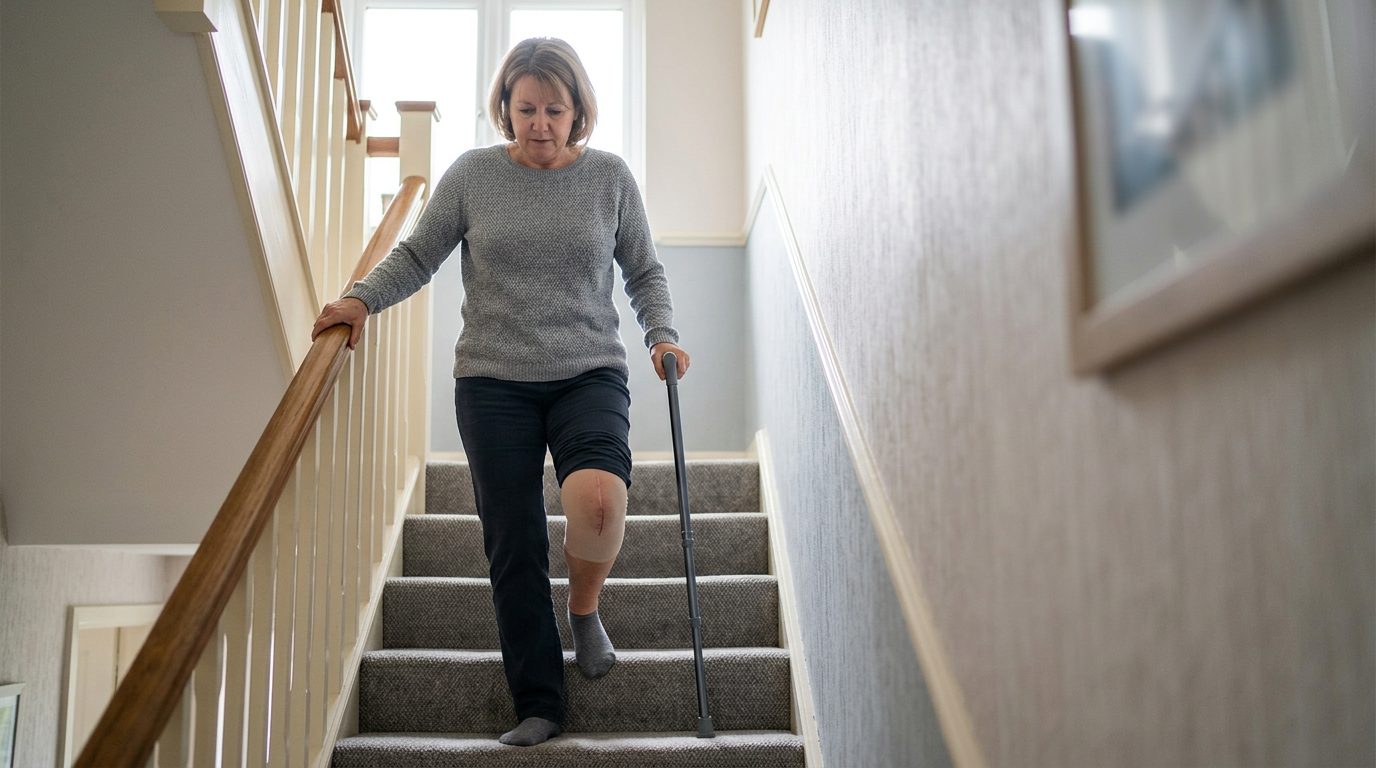 Person using a cane and handrail while navigating stairs during slip-and-fall injury recovery.