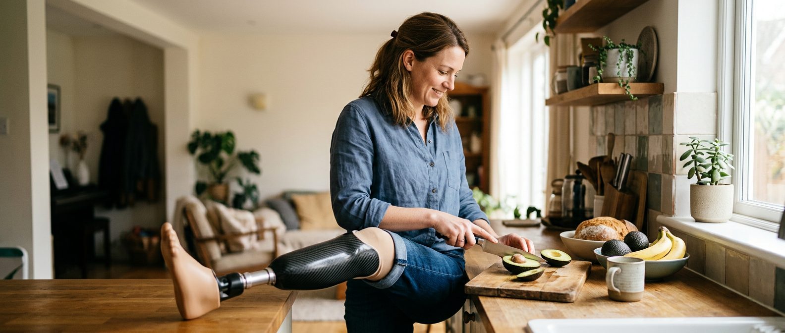 Person using a prosthetic leg to walk and rebuild daily activities after amputation.