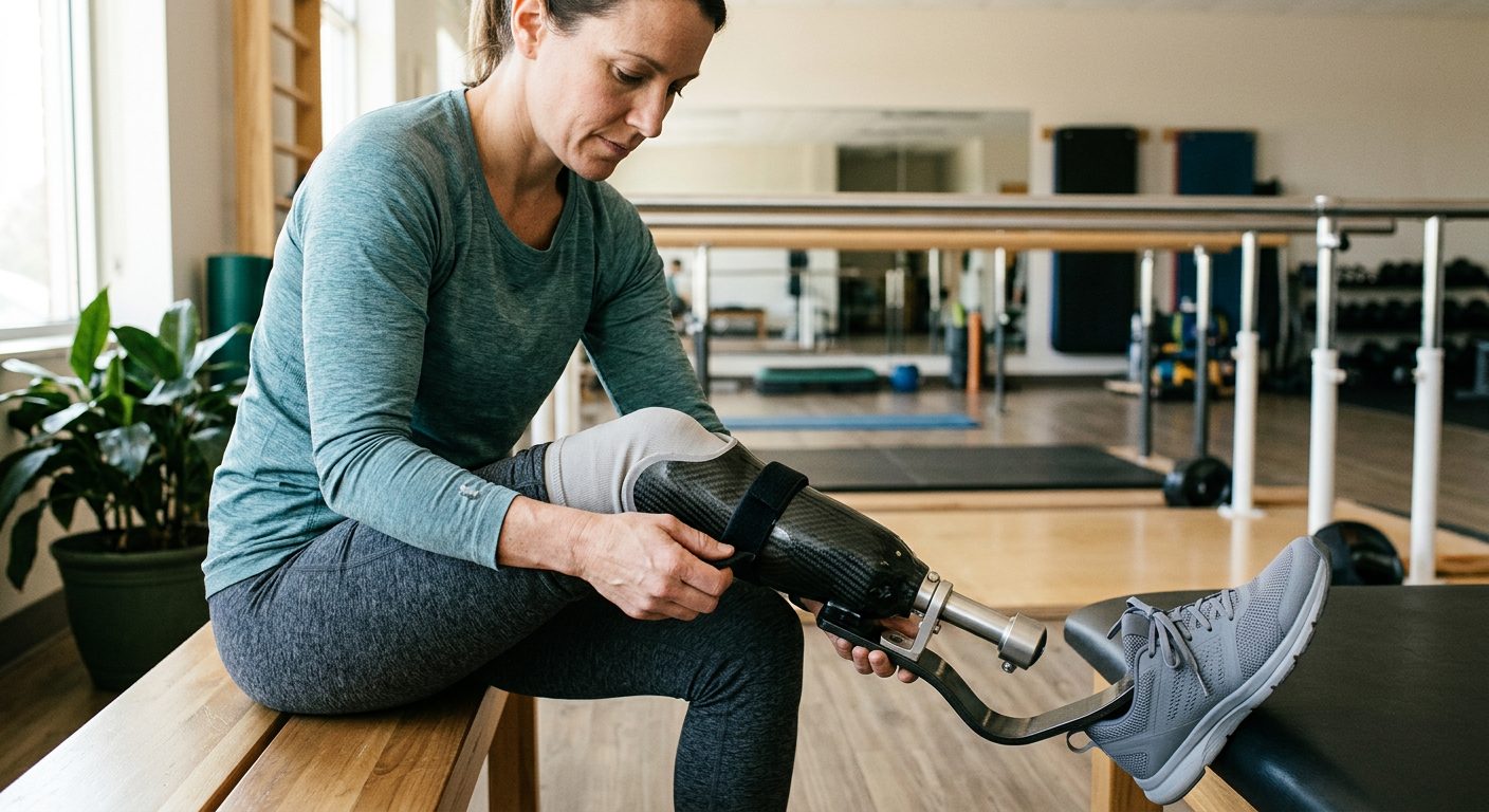 Person using a prosthetic leg to walk, demonstrating mobility after amputation.