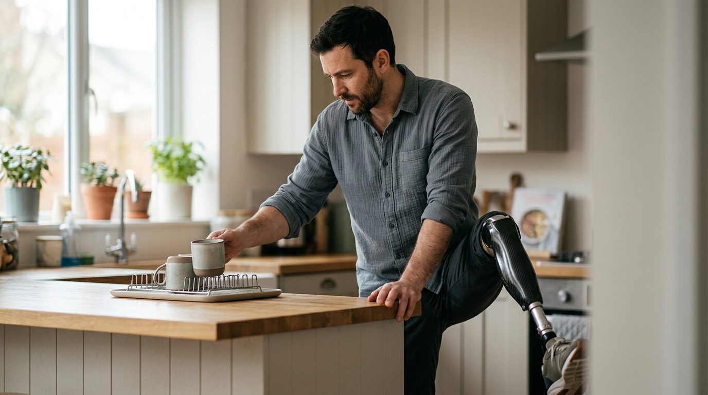 Person using a prosthetic leg to walk, regaining mobility after amputation.