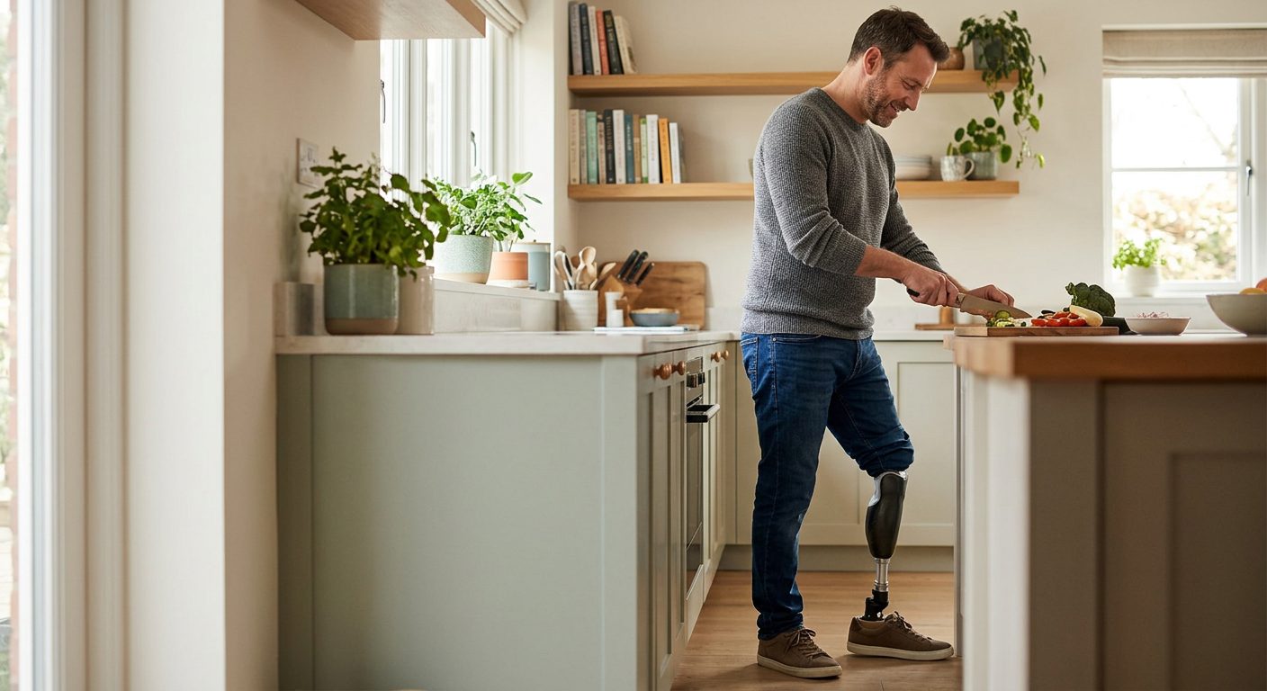 Person using a prosthetic leg to walk, regaining mobility after amputation.