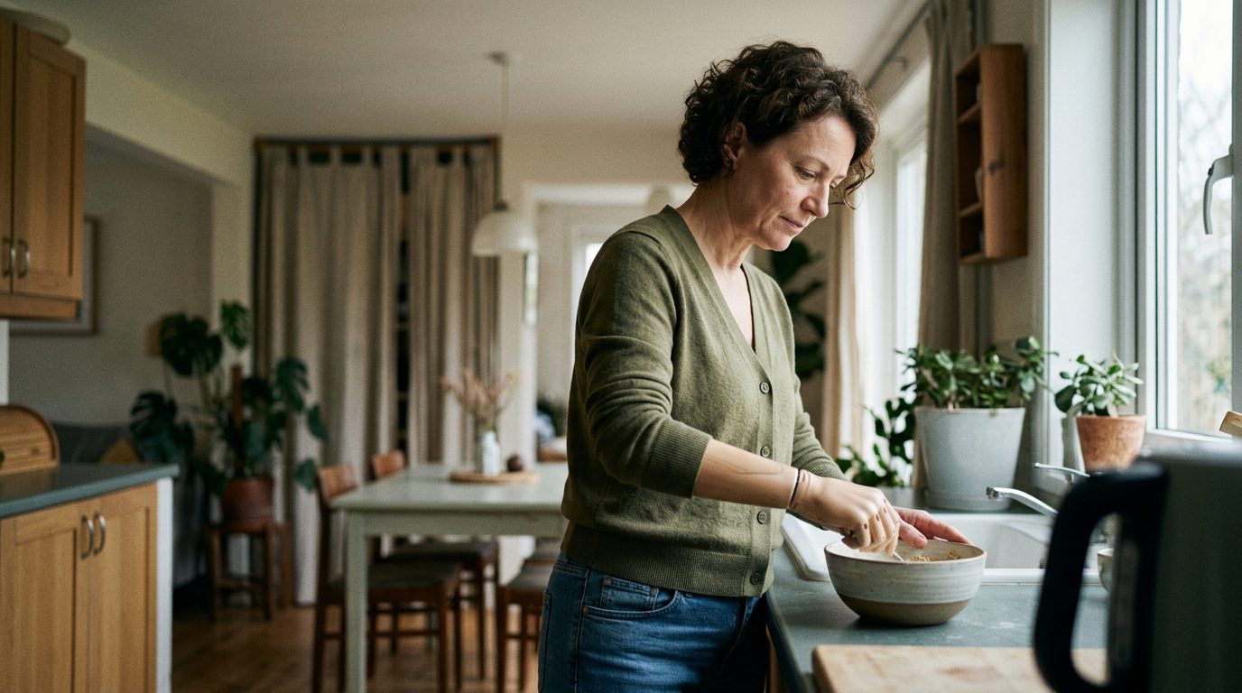 Person using a prosthetic limb to regain independence after amputation.