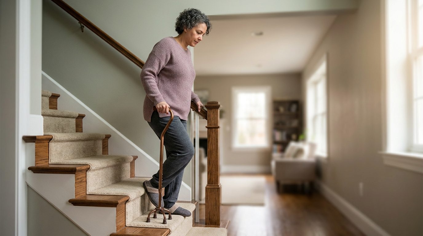 Person using cane and handrail on stairs during slip-and-fall injury recovery.