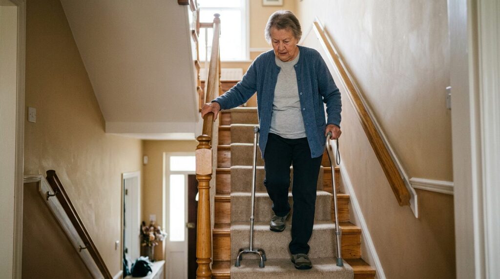 Person using cane and handrail while navigating stairs during slip-and-fall injury recovery.