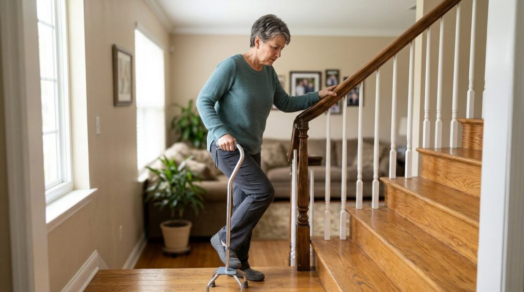 Person using cane and handrail while navigating stairs during slip-and-fall injury recovery.