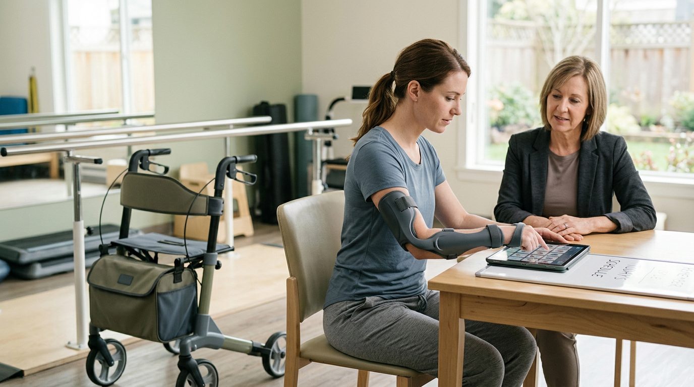 Person using communication board and mobility support during brain injury recovery.