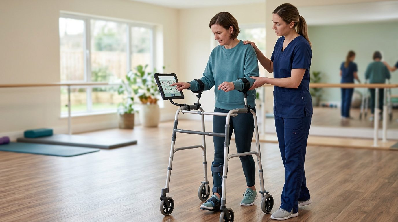 Person using communication device and mobility support during recovery from drowning brain injury.