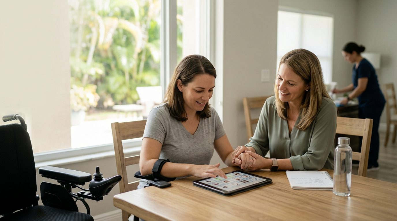Person using communication device and mobility support during brain injury recovery therapy.