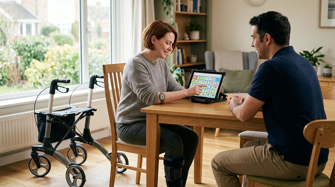 Person using mobility aids while receiving physical therapy support for injury recovery.