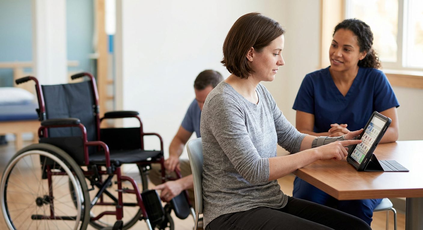 Person using mobility assistance and communication device during physical rehabilitation after brain injury.
