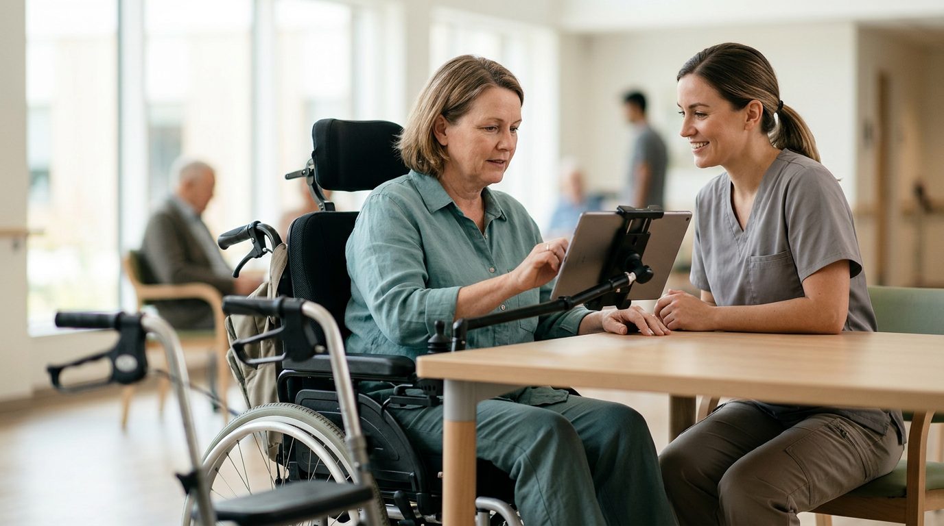 Person using mobility assistance device while receiving support from a caregiver indoors.