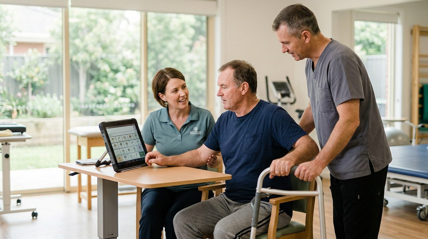 Person using mobility assistance device with caregiver support during rehabilitation.
