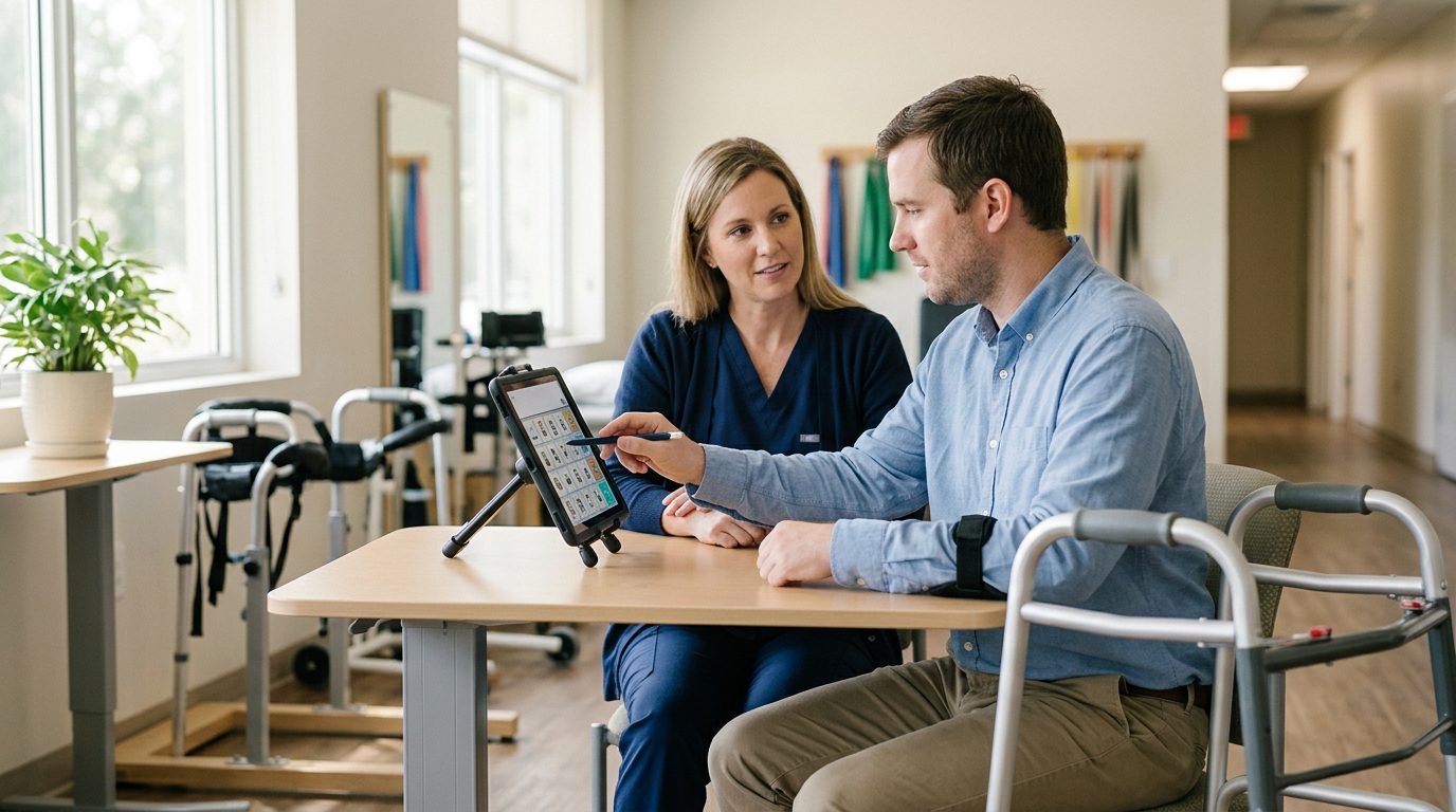 Person using mobility support and communication device during physical rehabilitation.