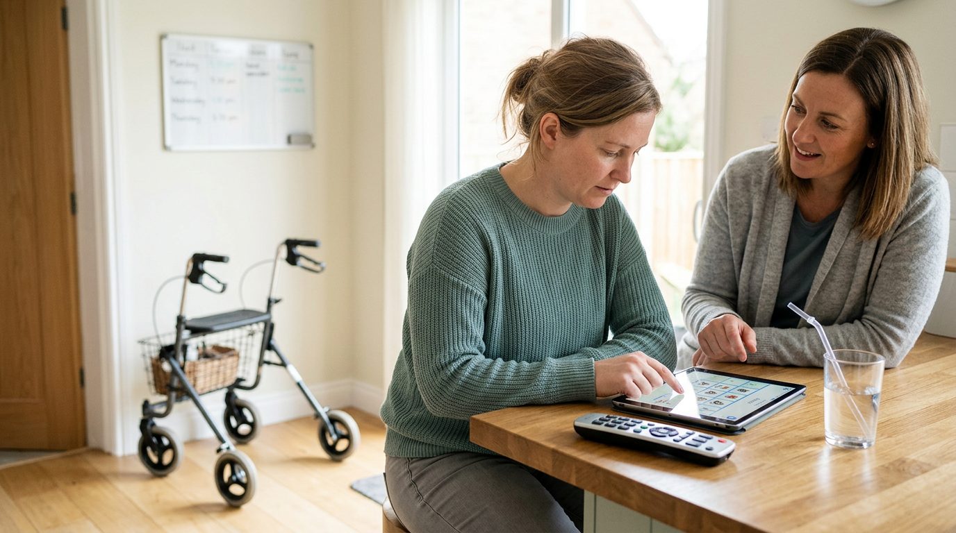 Person using mobility support and communication device during rehabilitation after brain injury.