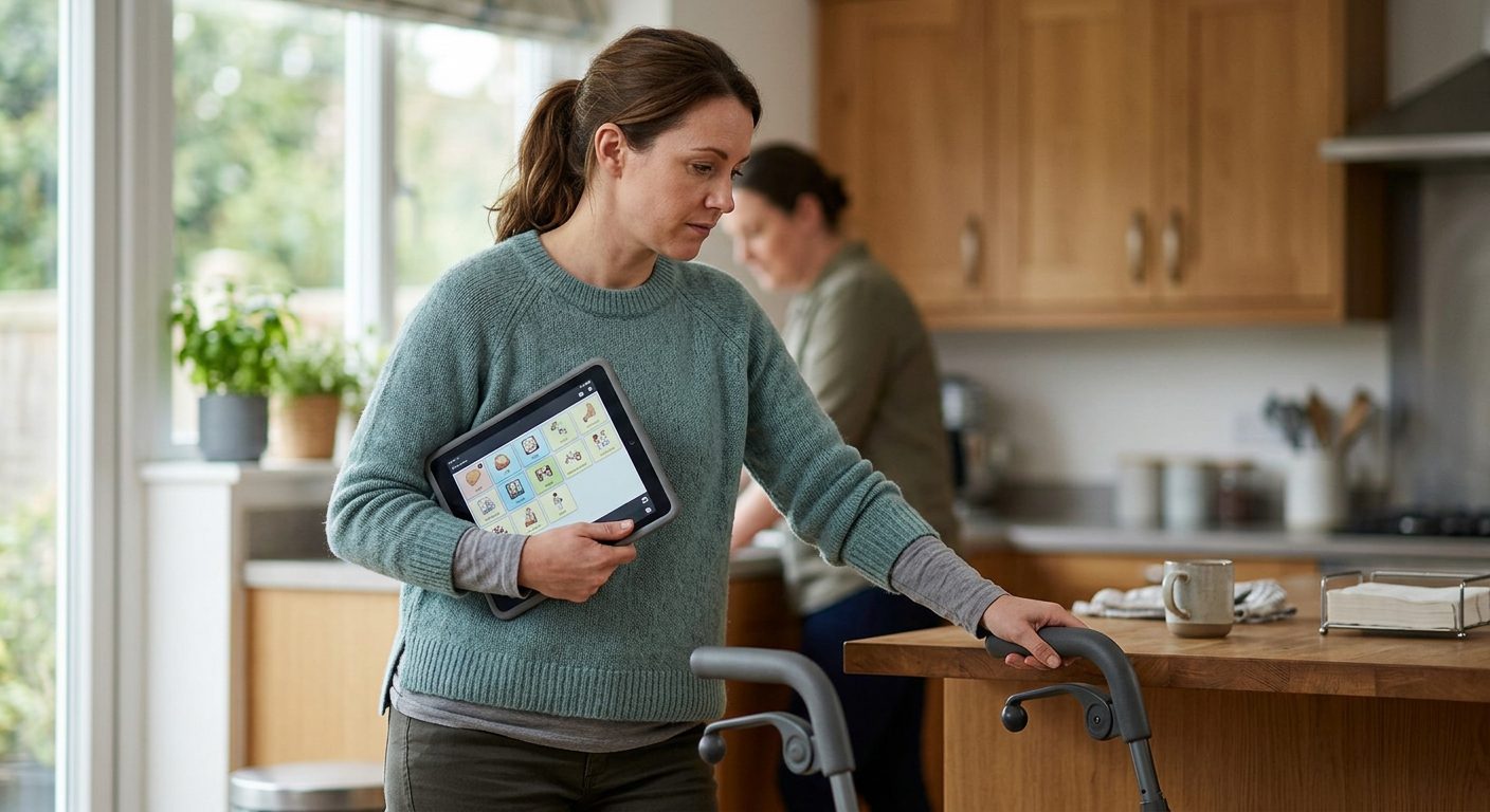 Person using mobility support and communication device during physical rehabilitation after brain injury.