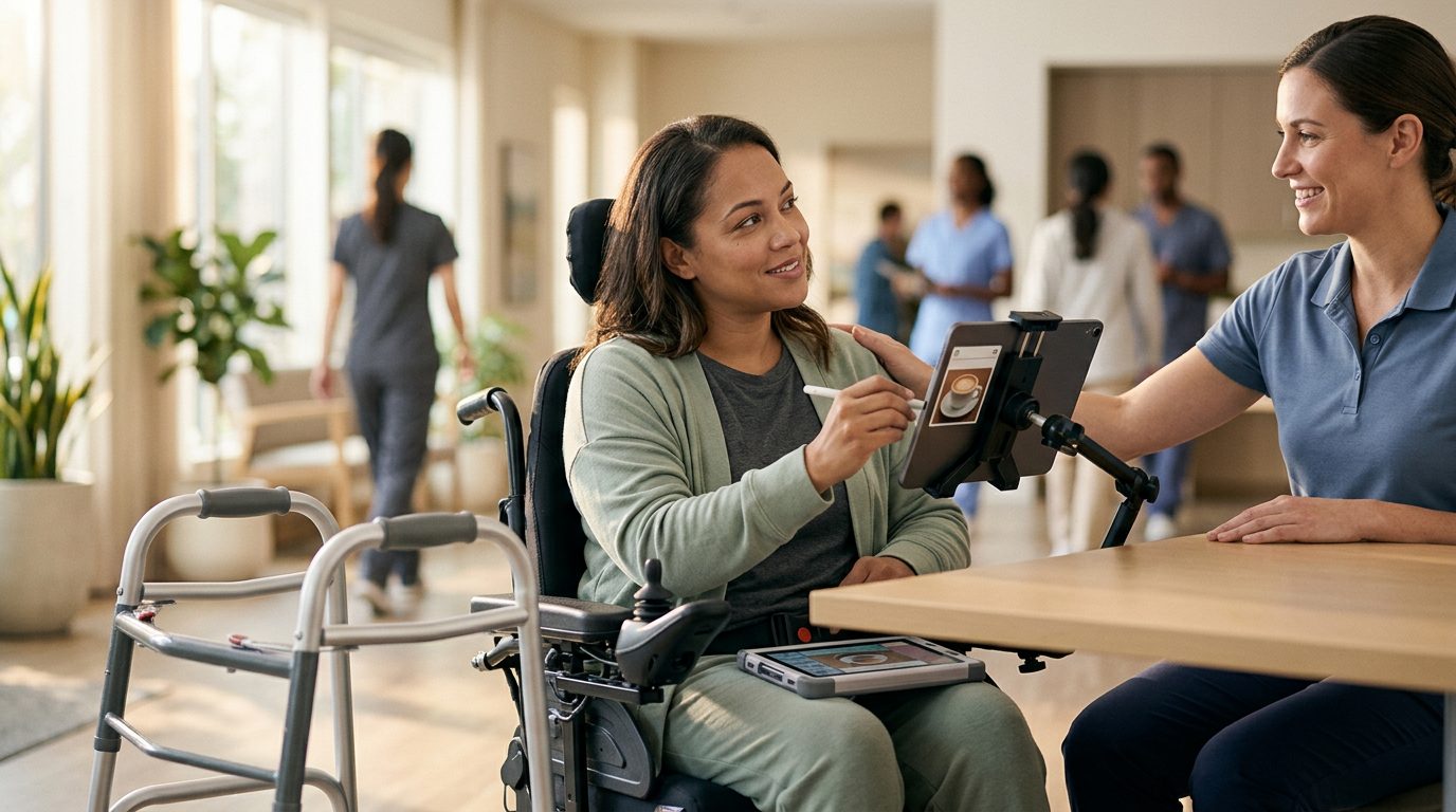 Person using mobility support and communication device during rehabilitation after brain injury.