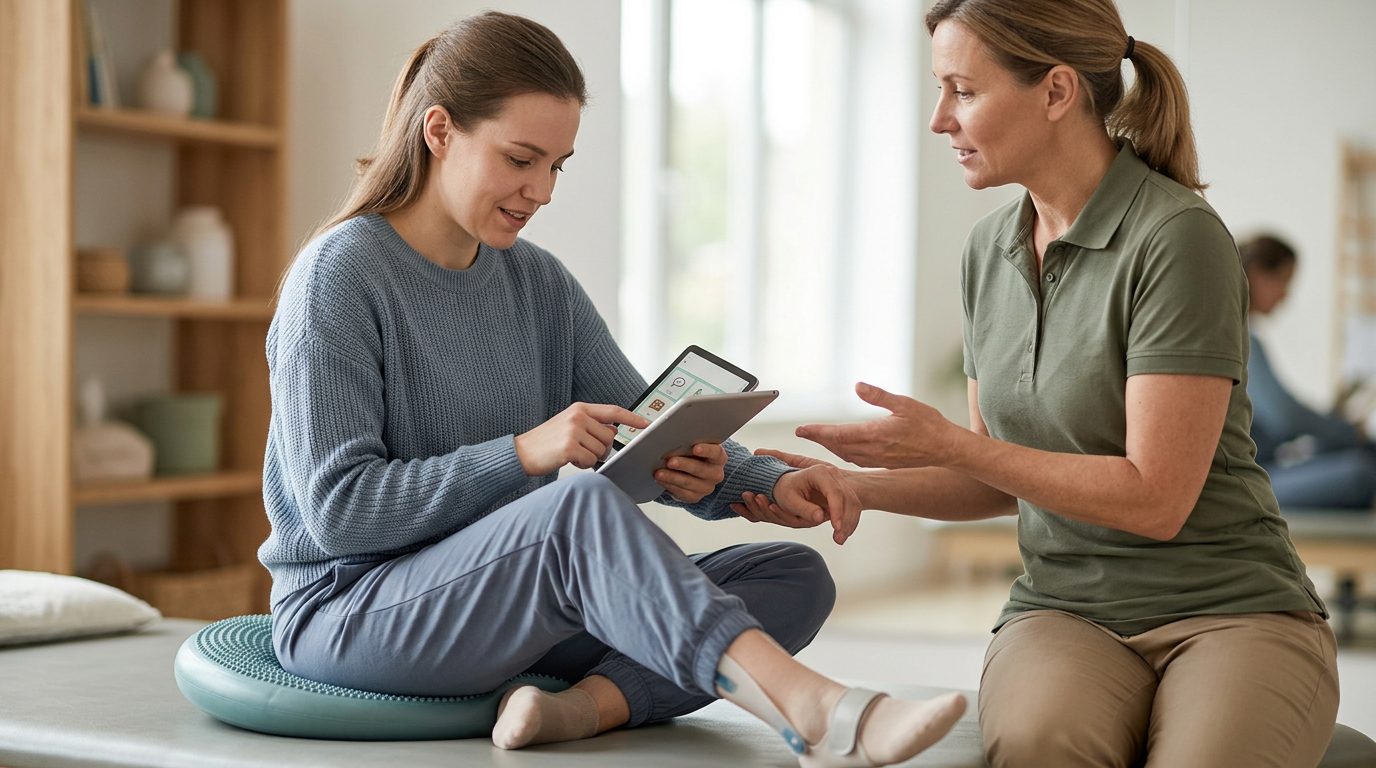 Person using mobility support equipment during physical rehabilitation therapy.