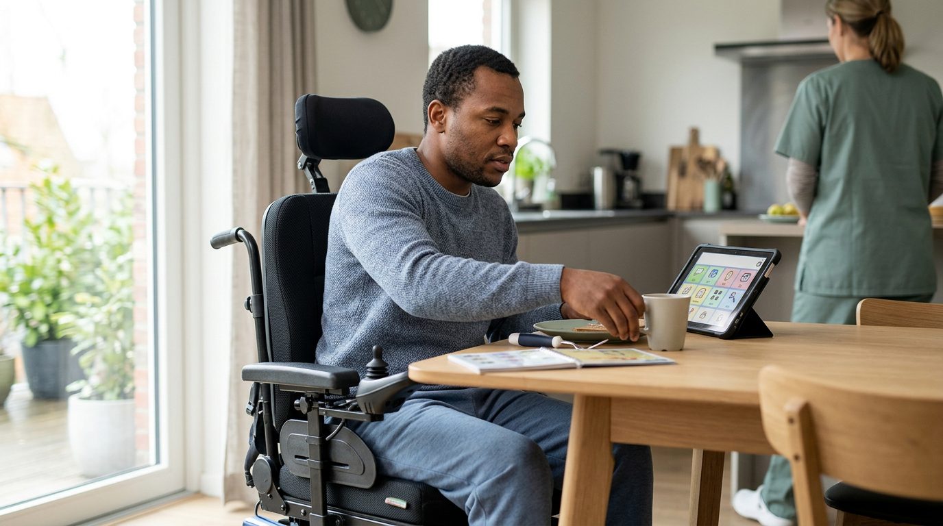 Person using mobility support equipment during physical rehabilitation therapy.