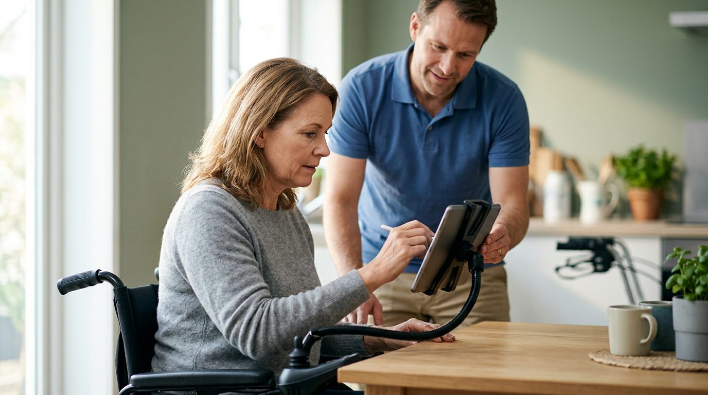 Person using mobility support equipment during rehabilitation after drowning brain injury.
