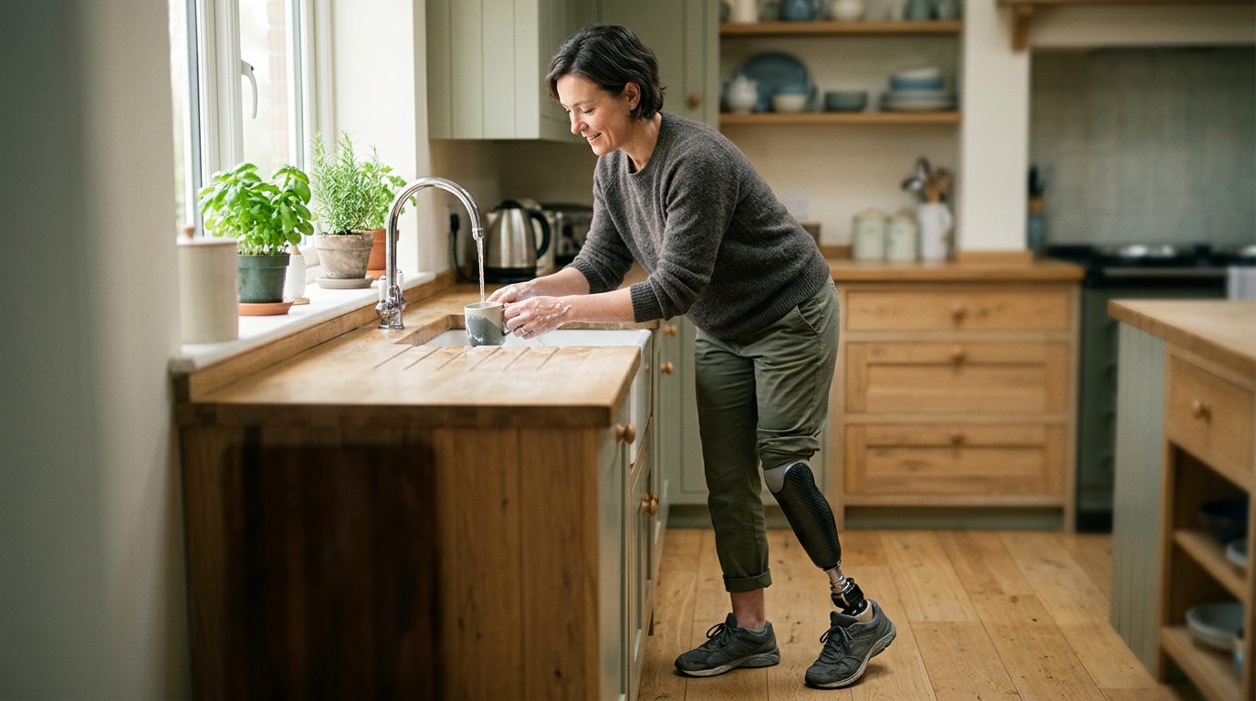 Person walking with a prosthetic leg, demonstrating mobility and independence after amputation.