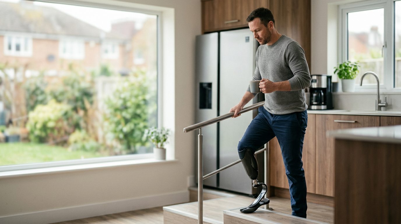 Person wearing a prosthetic leg while standing, demonstrating mobility and recovery after amputation.