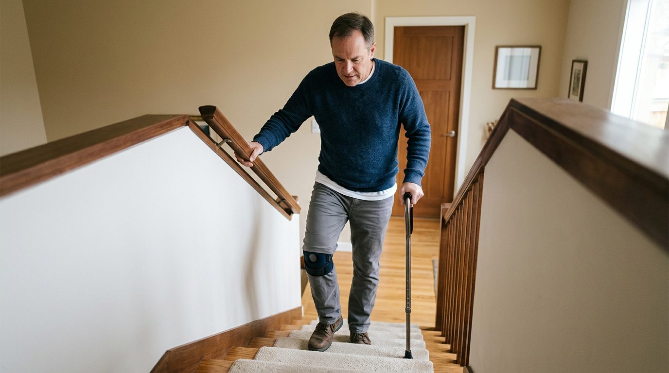 Person with cane and mobility aid climbing stairs with handrail during slip-and-fall injury recovery.