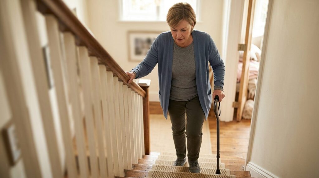 Person with cane and mobility aid climbing stairs with handrail during slip-and-fall injury recovery.
