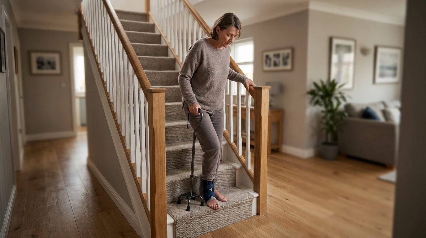 Person with cane and mobility aid holding handrail while climbing stairs during slip-and-fall injury recovery.