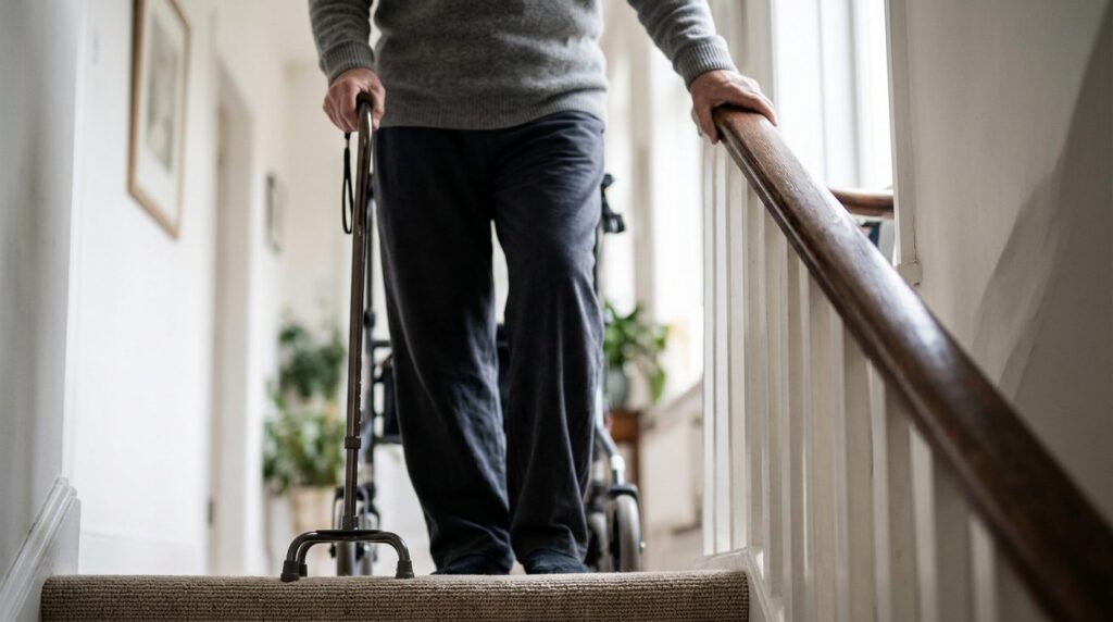 Person with cane and mobility aid holding handrail while climbing stairs during slip-and-fall injury recovery.