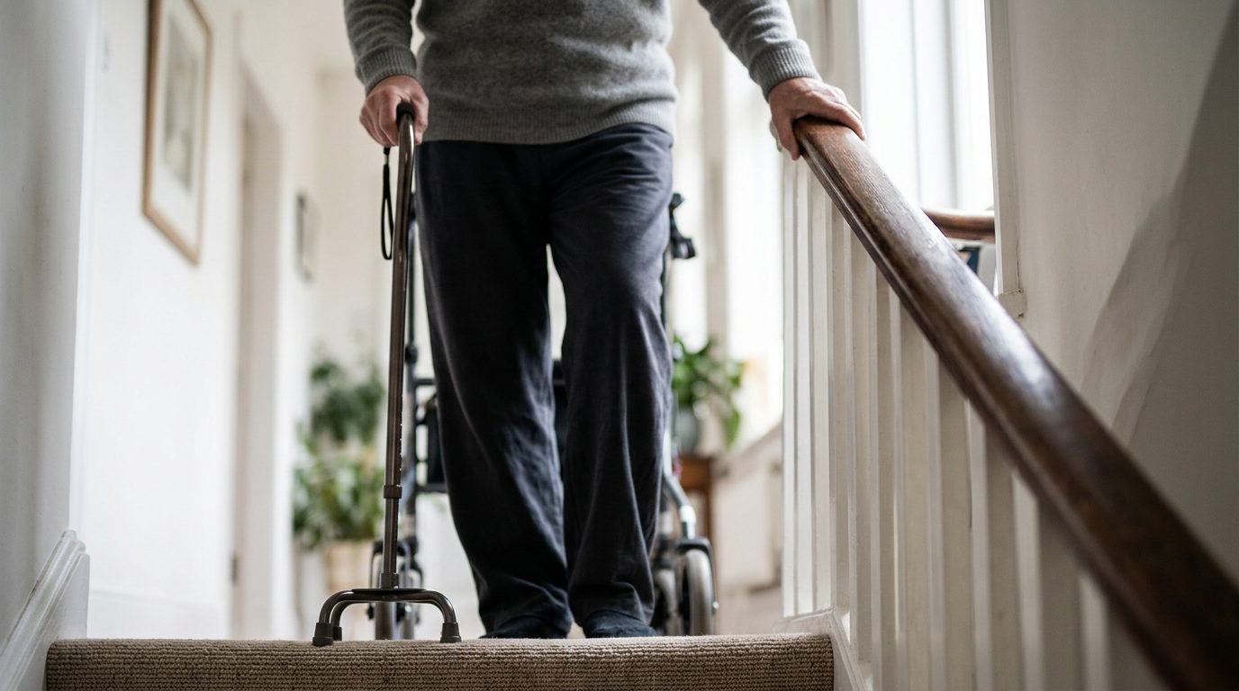 Person with cane and mobility aid holding handrail while climbing stairs during slip-and-fall injury recovery.