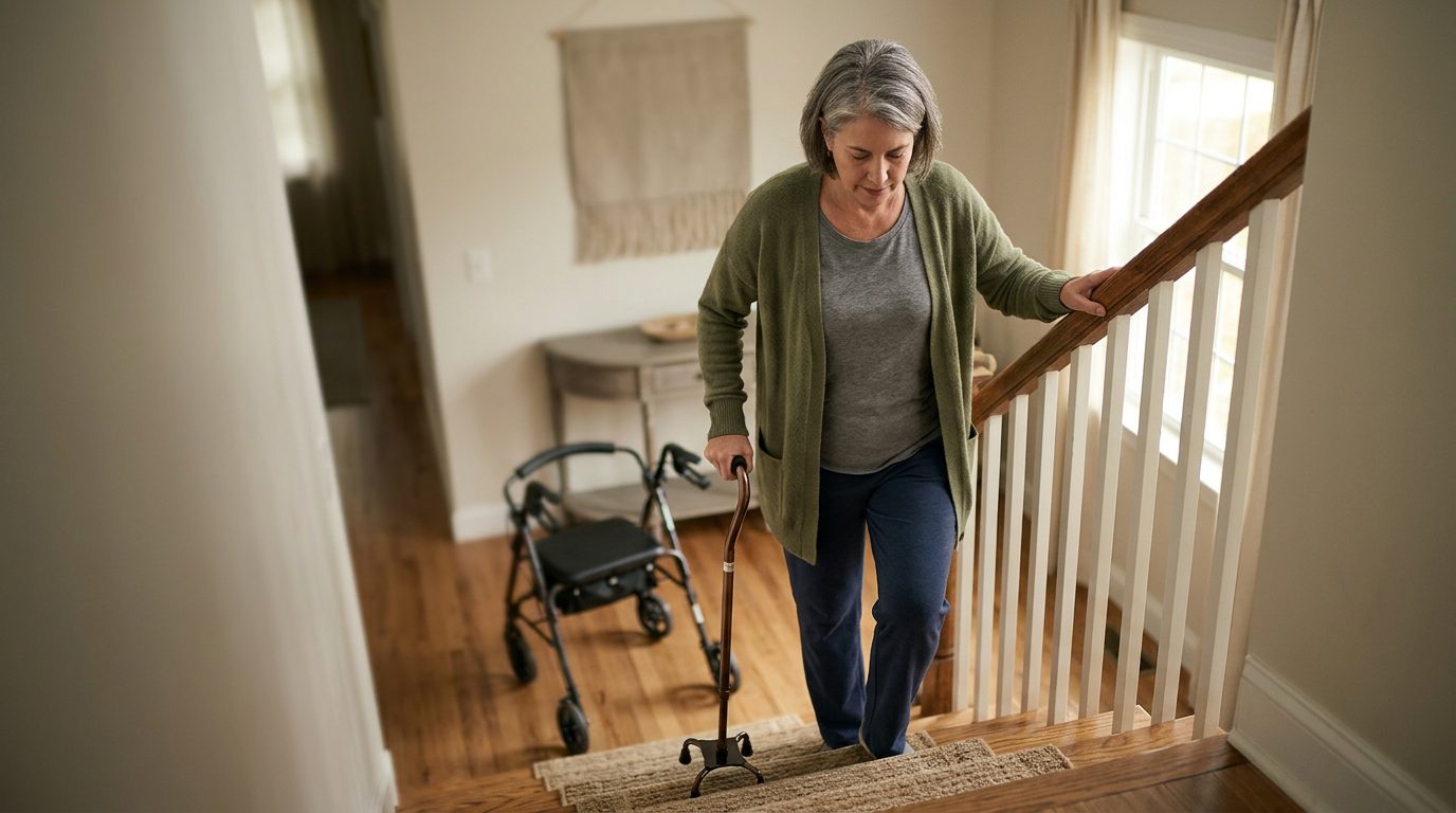 Person with cane and mobility aid holding handrail while navigating stairs during slip-and-fall injury recovery.