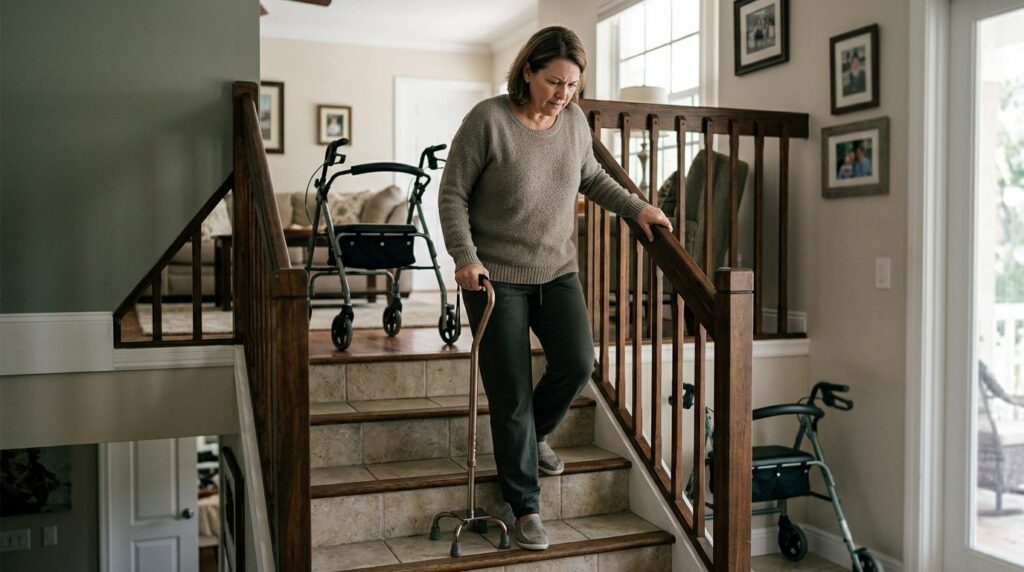 Person with cane and mobility aid using handrail on stairs during slip-and-fall injury recovery.