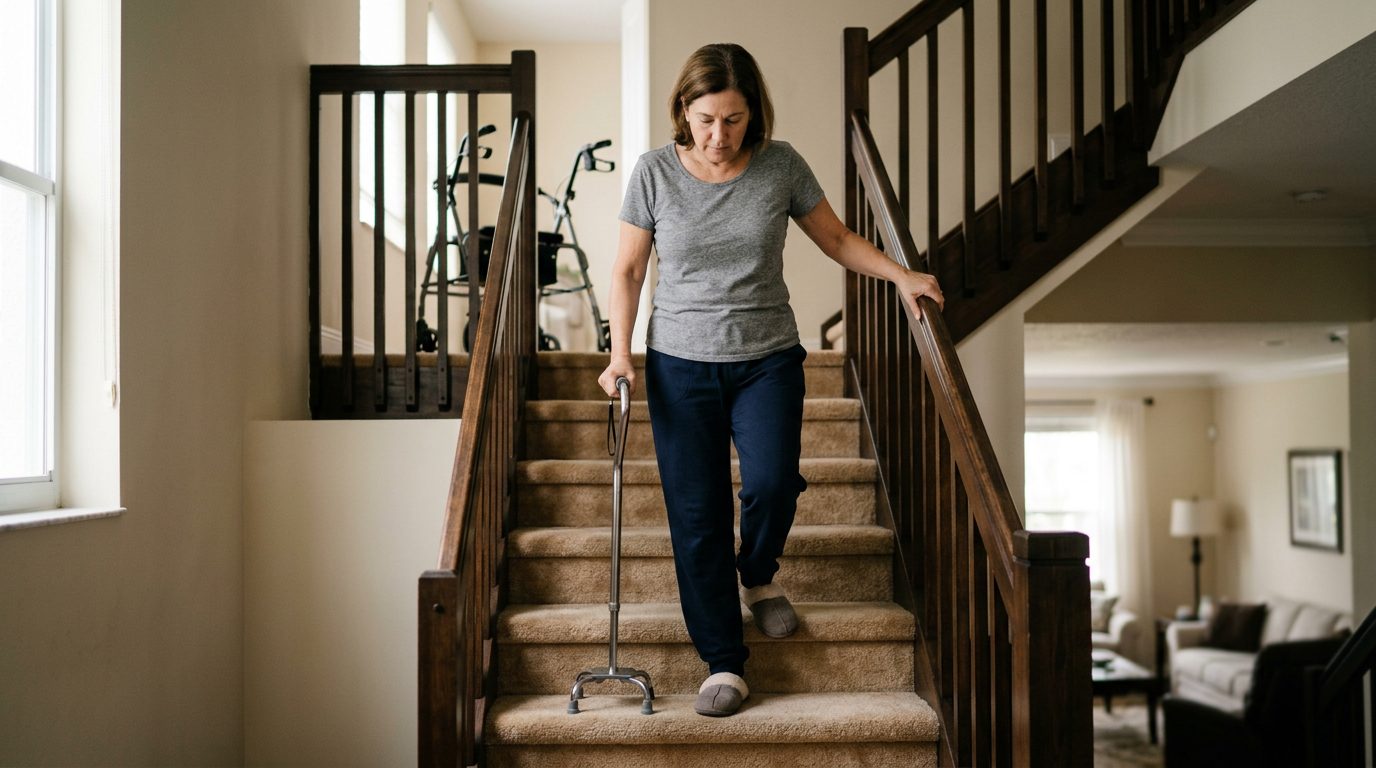 Person with cane and mobility aid using handrail on stairs during slip-and-fall injury recovery.