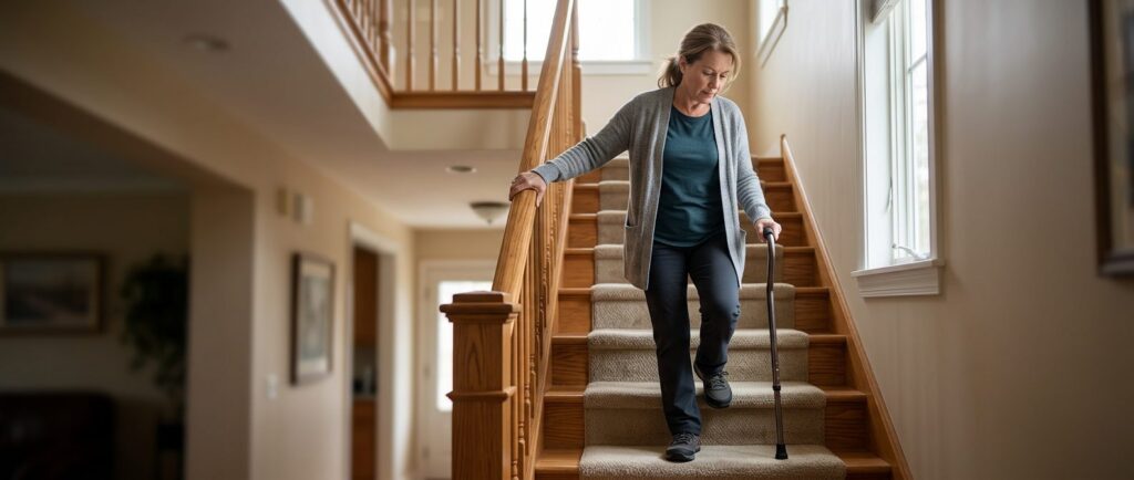 Person with cane and mobility aid using handrail on stairs during slip-and-fall injury recovery.