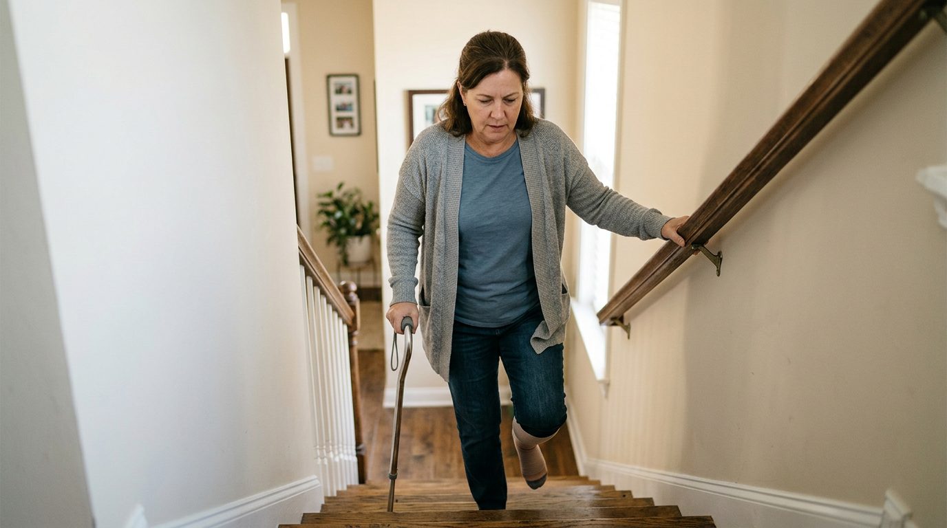 Person with cane and mobility aid using handrail on stairs during slip-and-fall injury recovery.