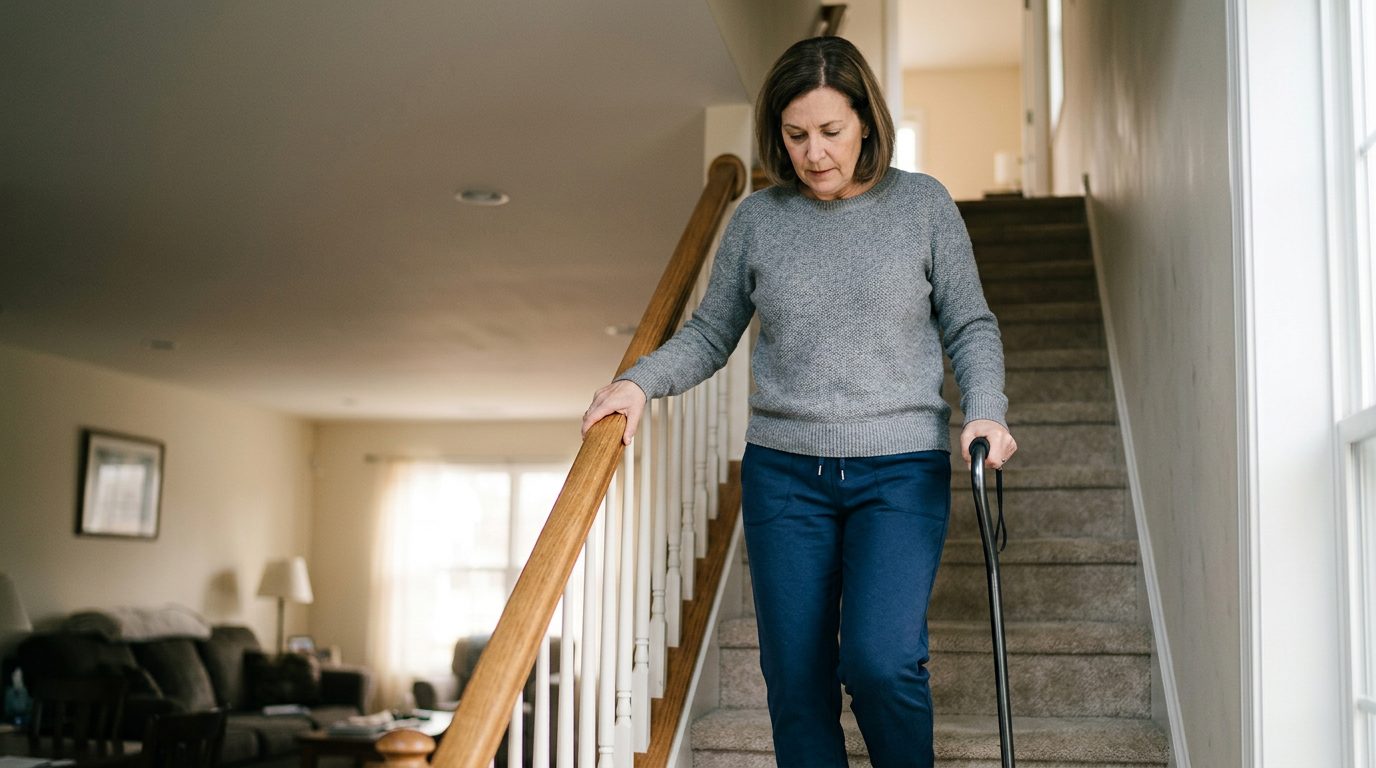 Person with cane and mobility aid using handrail on stairs during slip-and-fall injury recovery.