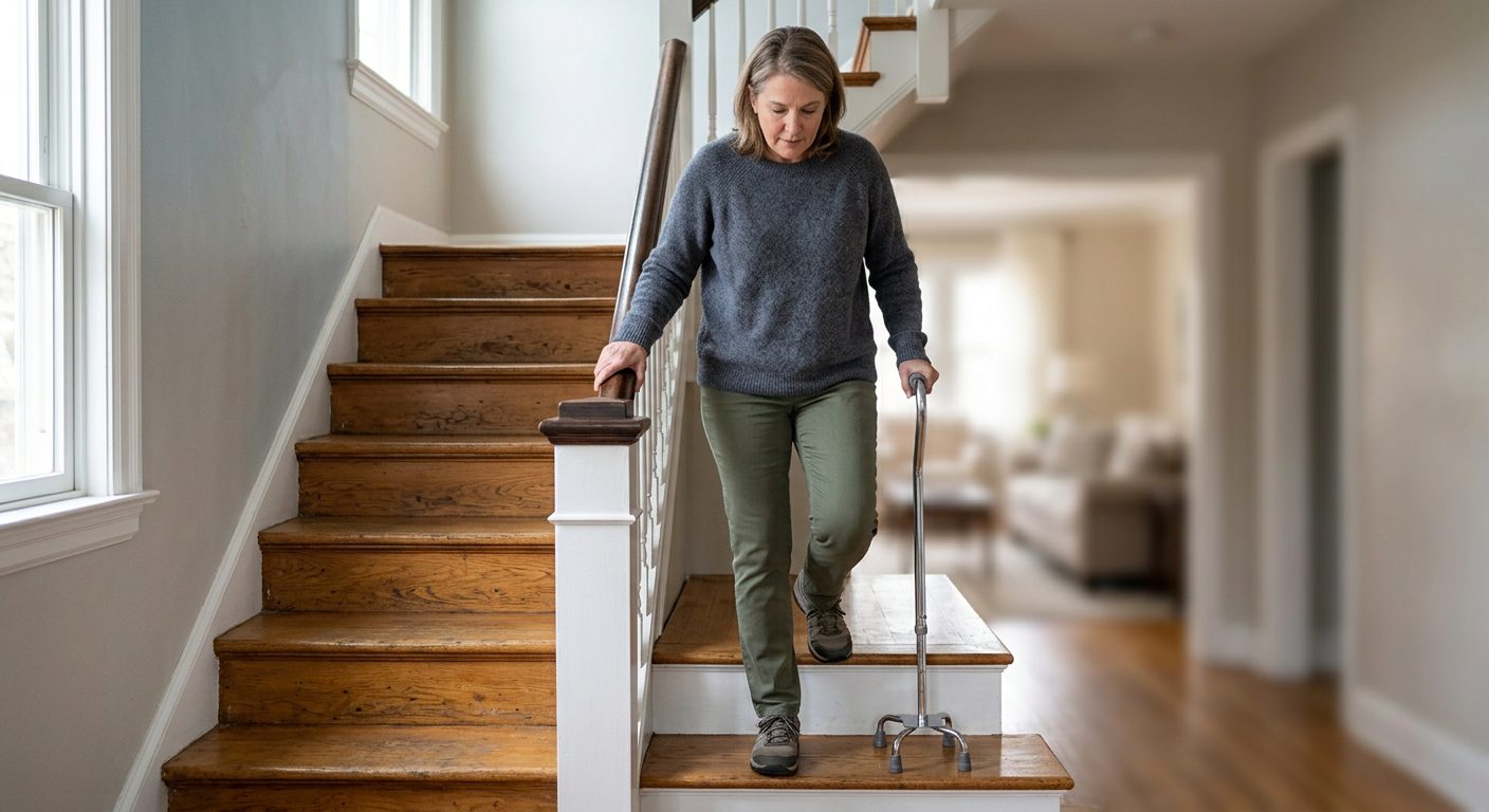 Person with cane and mobility aid using handrail on stairs during slip-and-fall injury recovery.