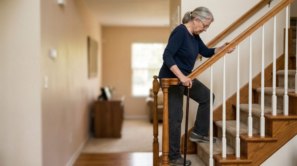 Person with cane and mobility aid using handrail on stairs during slip-and-fall injury recovery.
