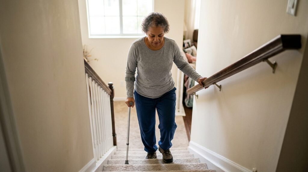 Person with cane and mobility aid using handrail on stairs during slip-and-fall injury recovery.