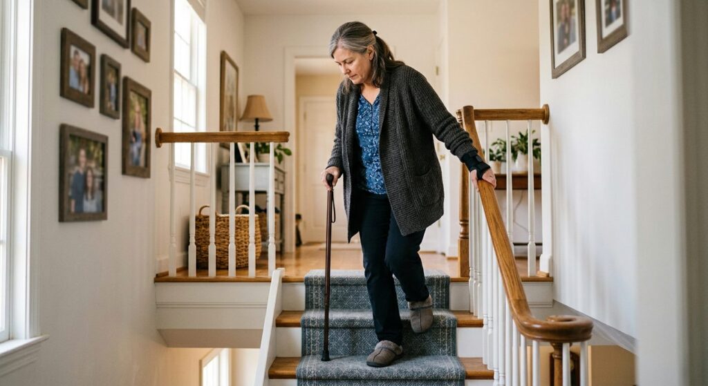 Person with cane and mobility aid using handrail on stairs during slip-and-fall injury recovery.