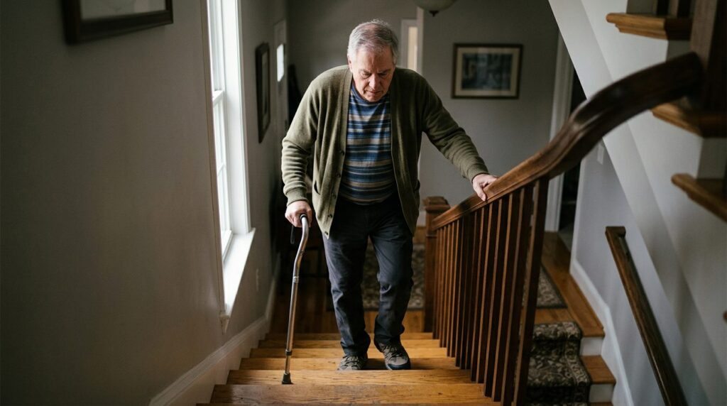 Person with cane and mobility aid using handrail on stairs during slip-and-fall injury recovery.