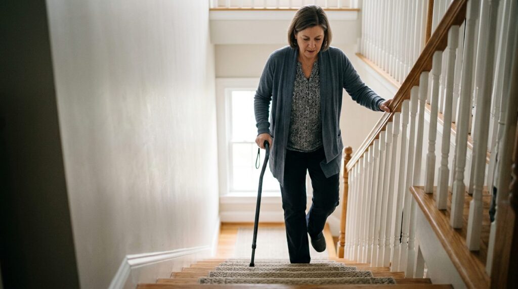 Person with cane and mobility aid using handrail on stairs during slip-and-fall injury recovery.