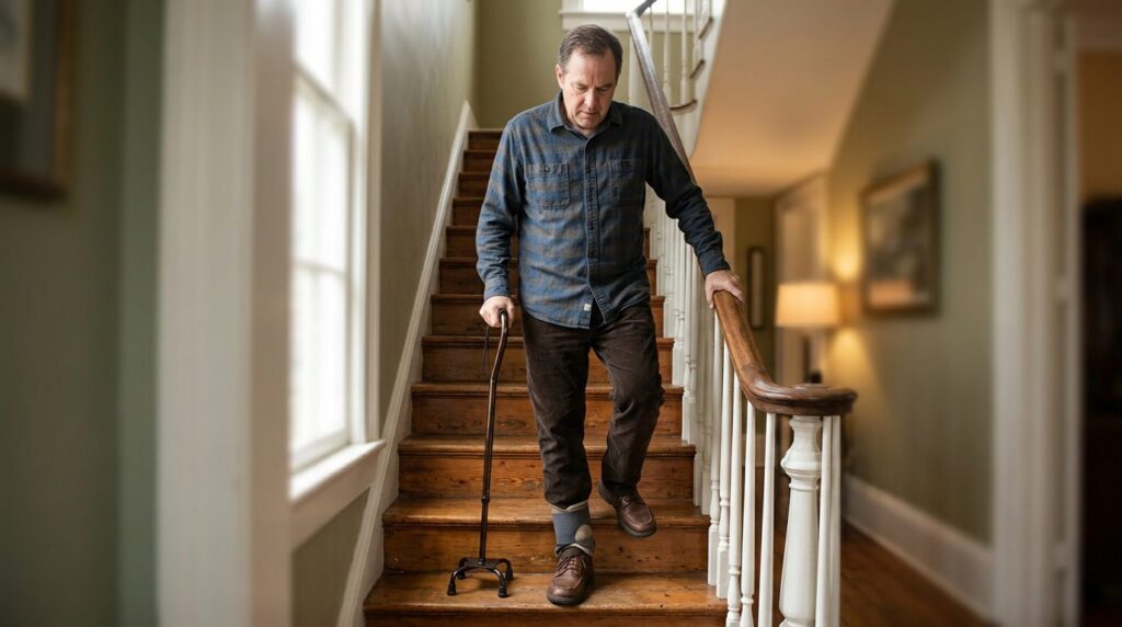 Person with cane and mobility aid using handrail on stairs during slip-and-fall injury recovery.