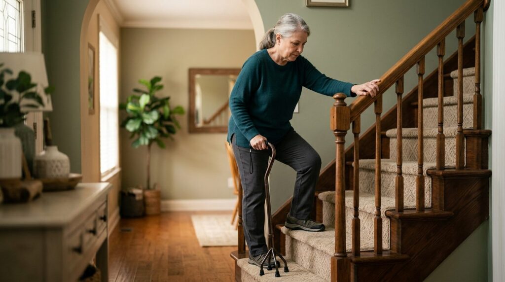 Person with cane and mobility aid using handrail on stairs during slip-and-fall injury recovery.