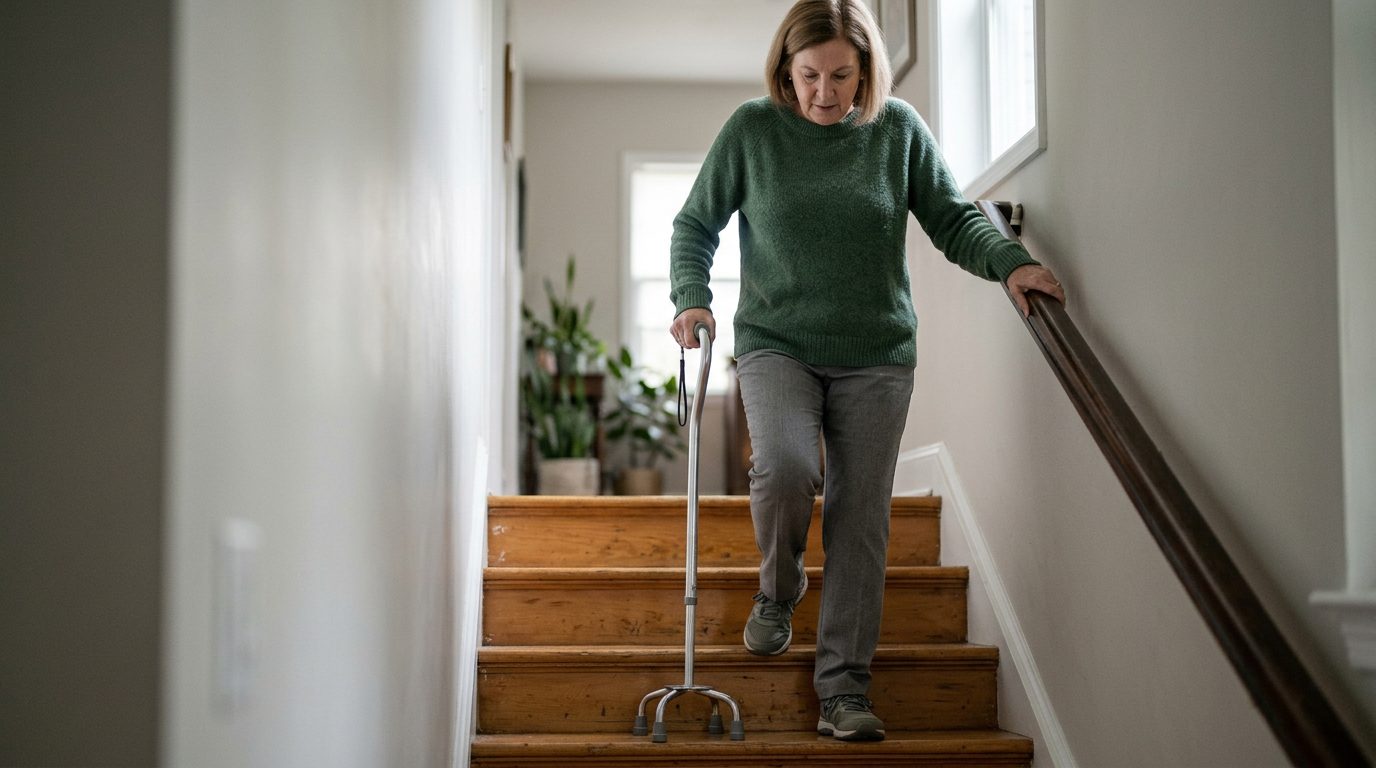 Person with cane and mobility aid using handrail on stairs during slip-and-fall injury recovery.